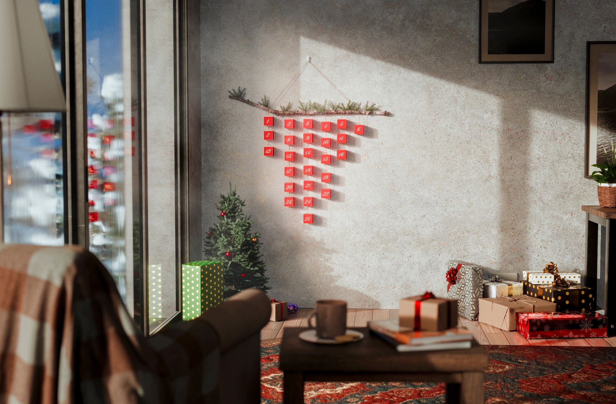 Cozy holiday living room with gifts and festive decor