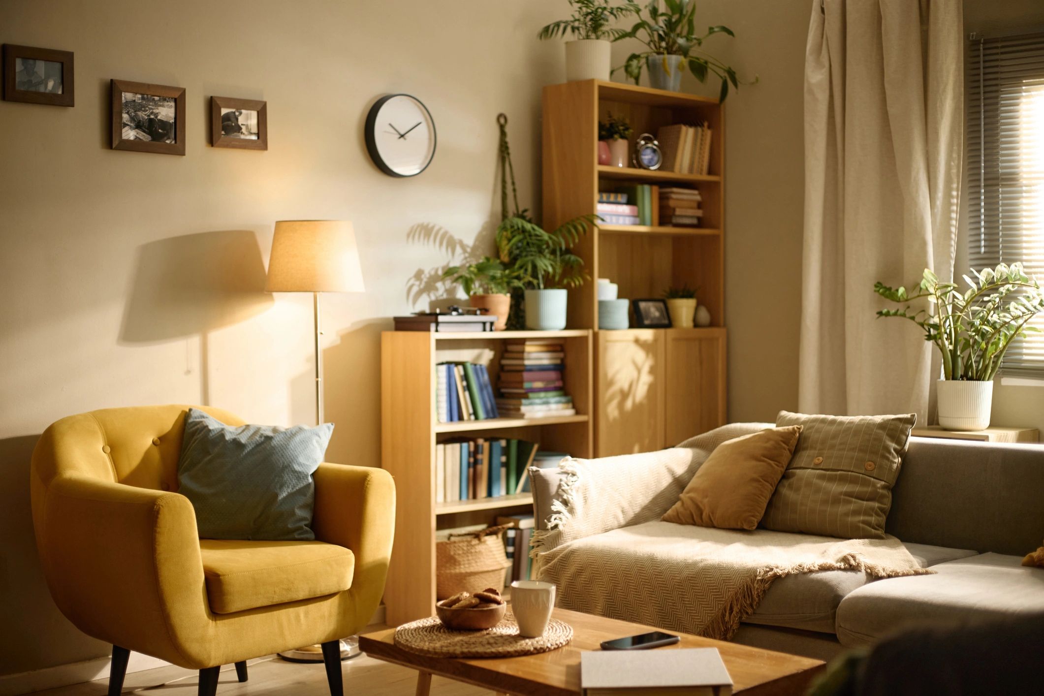 Cozy living room interior with warm neutral tones and layered decor